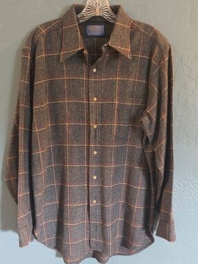 VTG Virgin Wool USA Pendleton Grey & Red Plaid Wool Button-Down Shirt